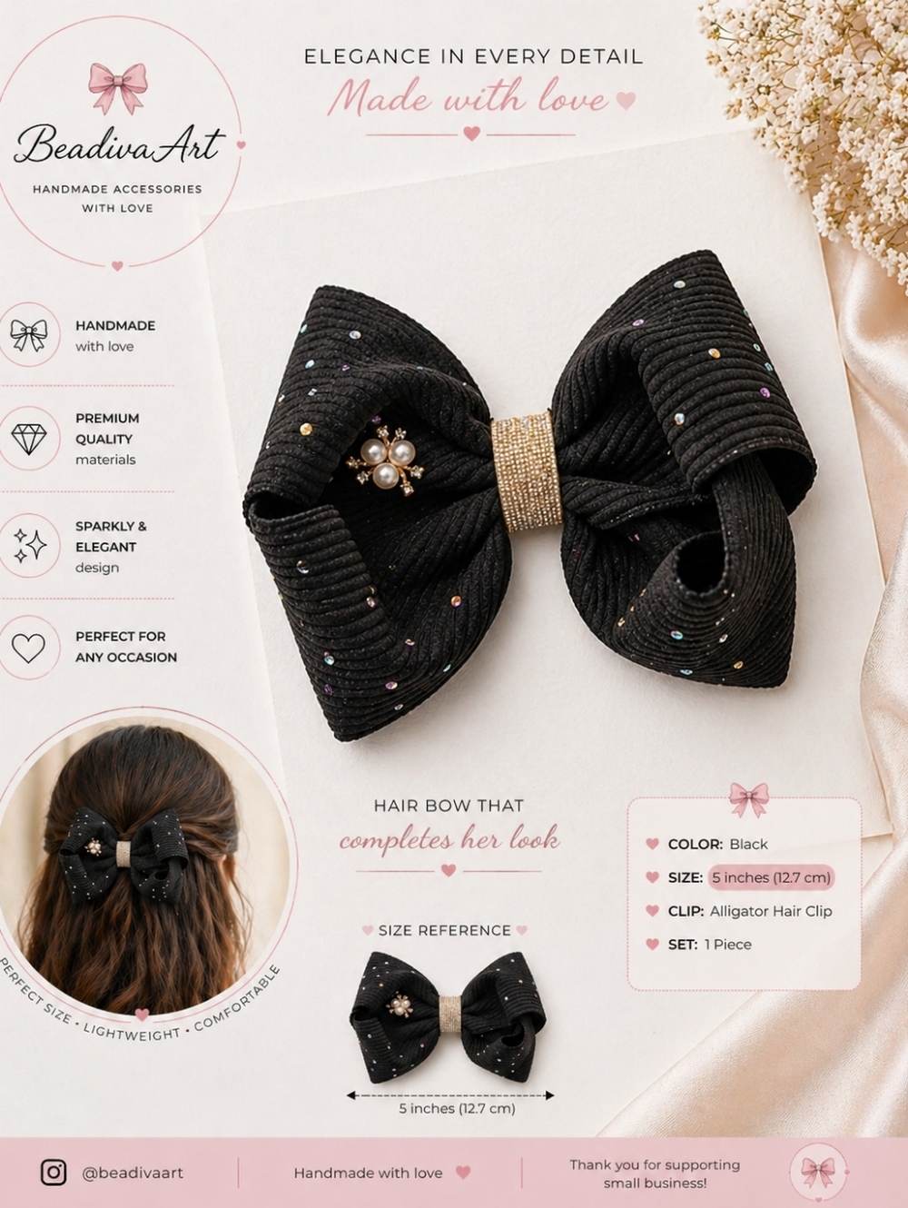 Chic Black Hair Bow with Pearl Cluster🎀✨